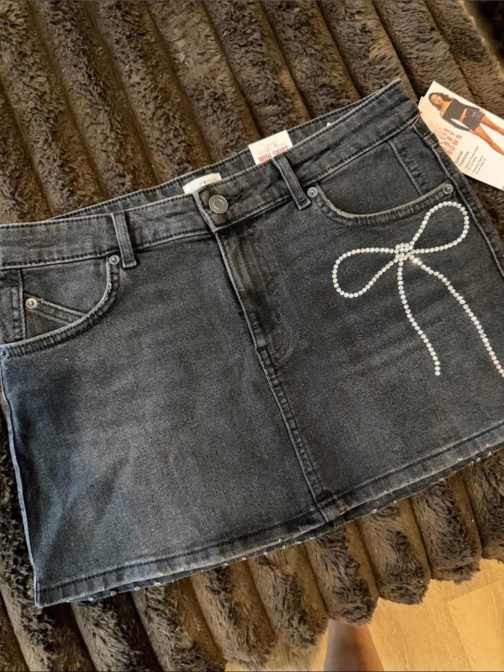 Milly Black Denim Mini Skirt with Crystal Bow Detail